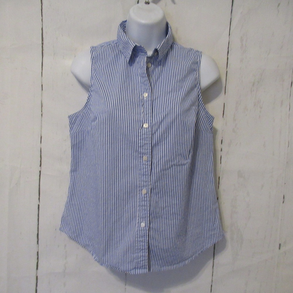 J Crew Top M Blue Stripe Button Up Sleeveless Cotton Stretch Plaid Preppy